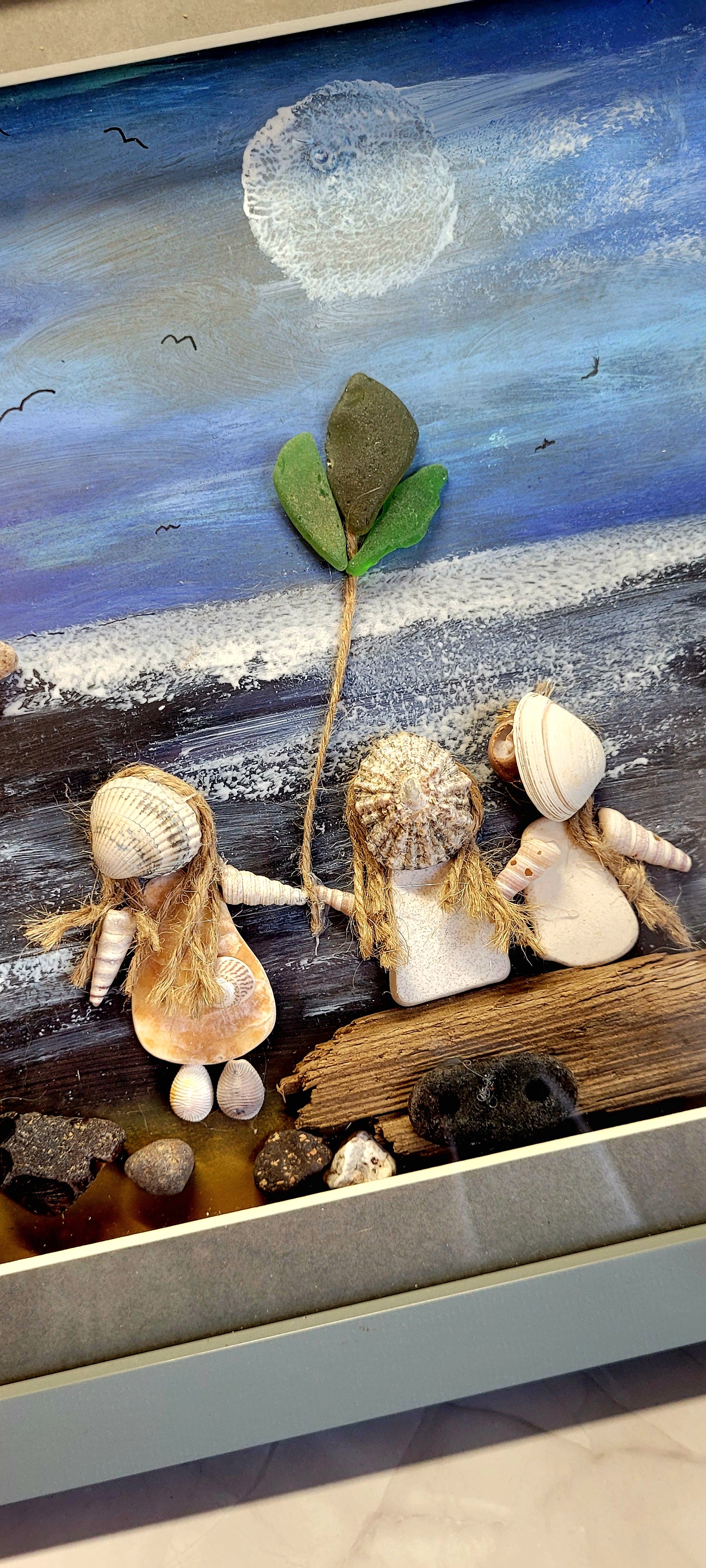 Hand Painted shell and pebble Art picture frame