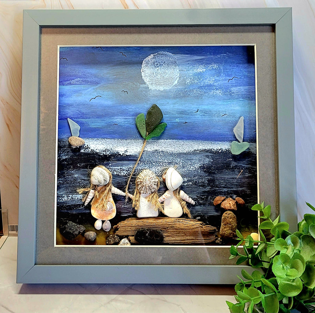 Hand Painted shell and pebble Art picture frame
