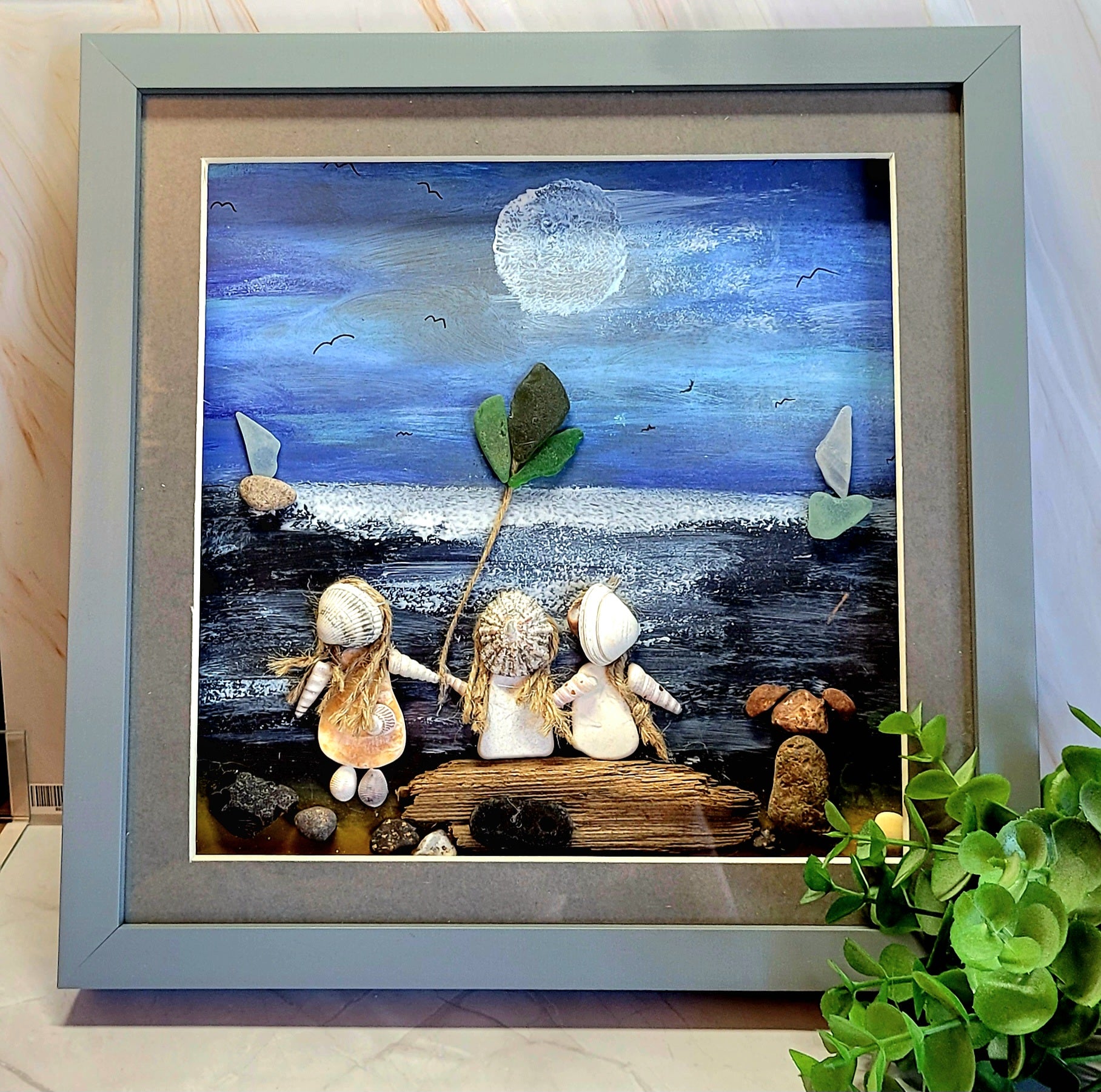 Hand Painted shell and pebble Art picture frame